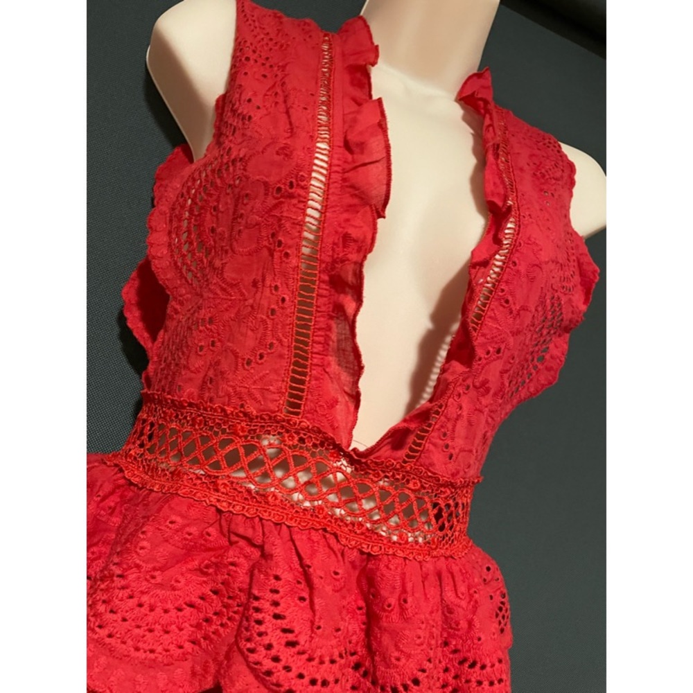 Red crochet lace plunge Swing Dress NWT - Picture 3 of 7